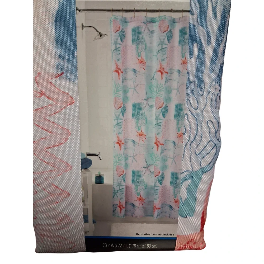 Mainstays Coastal Fabric Shower Curtain 70 x 72 Seashell Starfish Polyester New